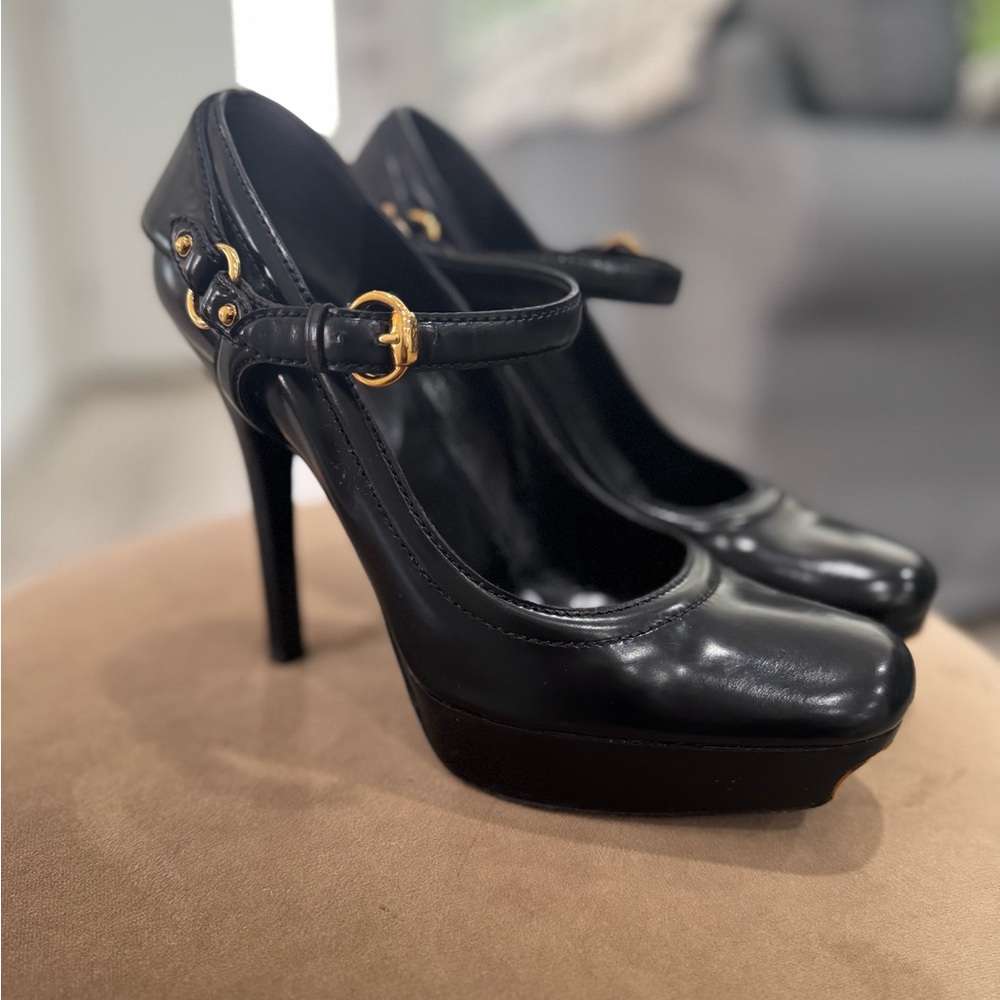 Authentic Gucci Black Leather Mary Jane Platform Heels